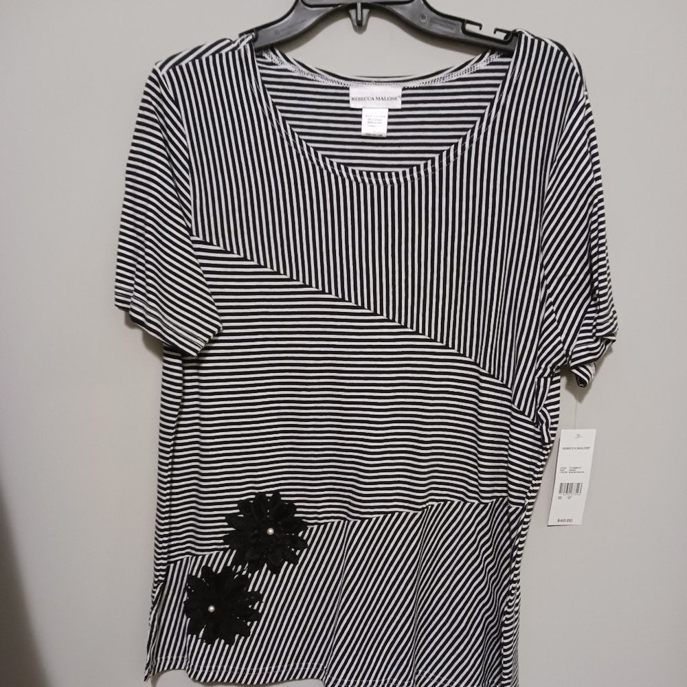 Rebecca Malone Short Sleeve Striped Top Flower with Design Large NWT